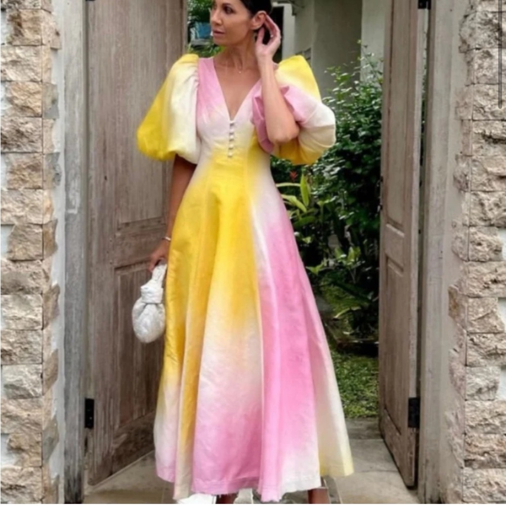 Pink and Yellow Ombre Puff Sleeve Dress- Aje Cloudburst